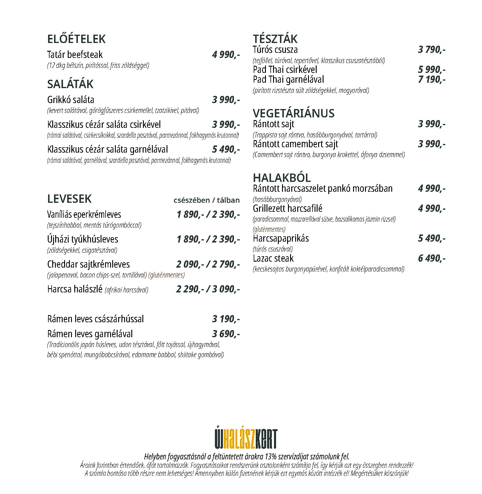 Új Halászkert Allure Garden Gyömrő étlap