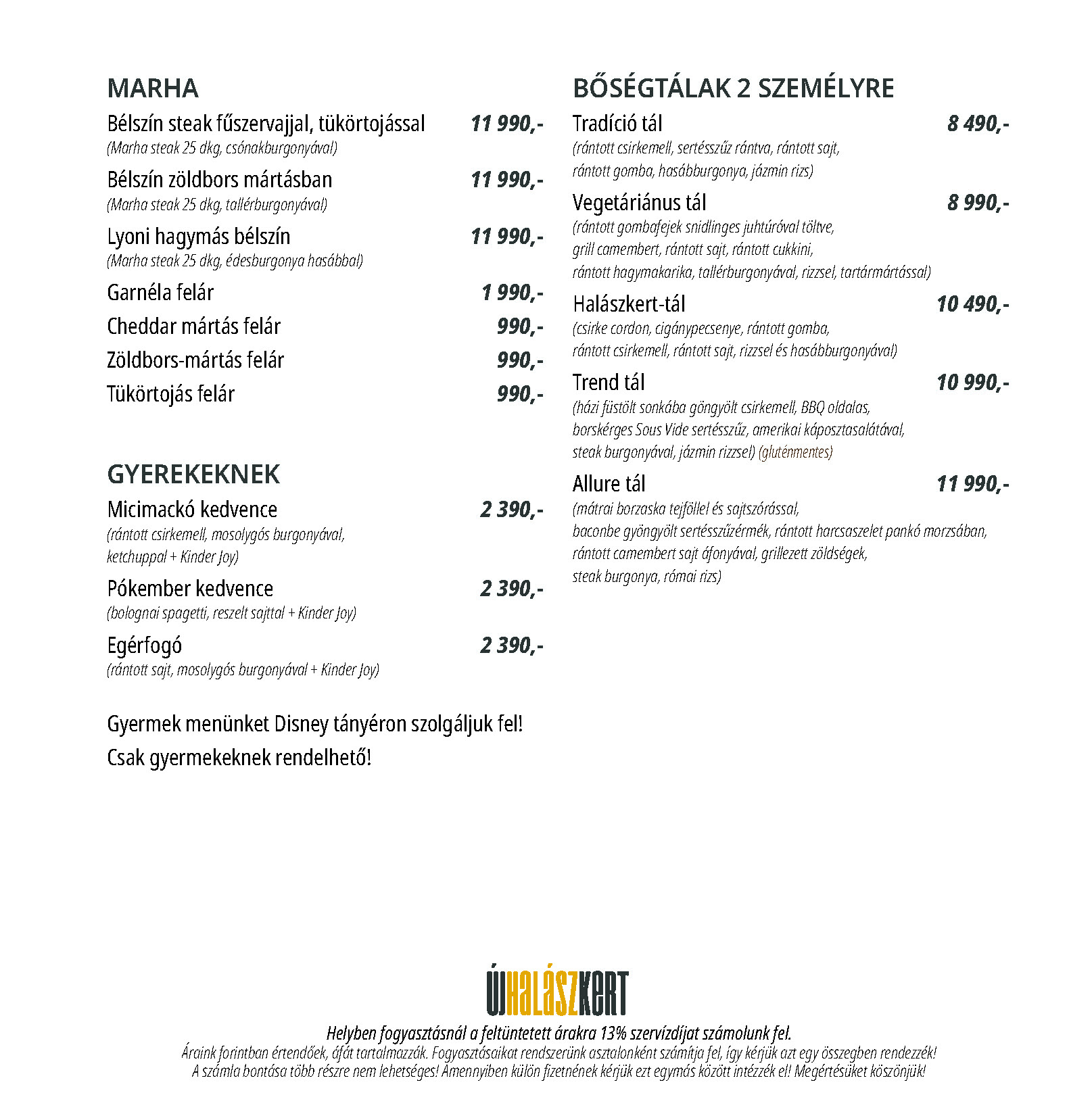 Új Halászkert Allure Garden Gyömrő étlap
