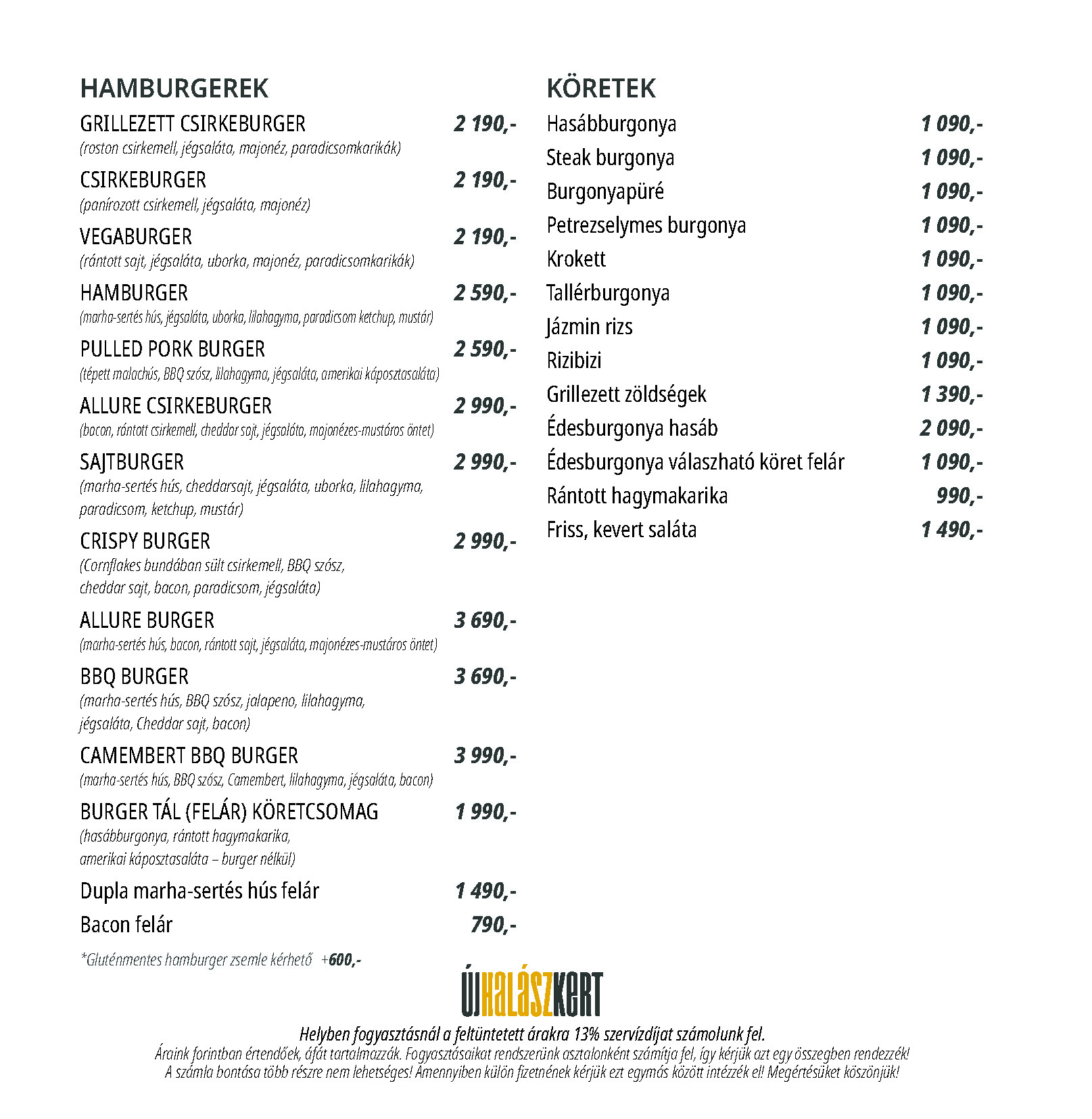Új Halászkert Allure Garden Gyömrő étlap
