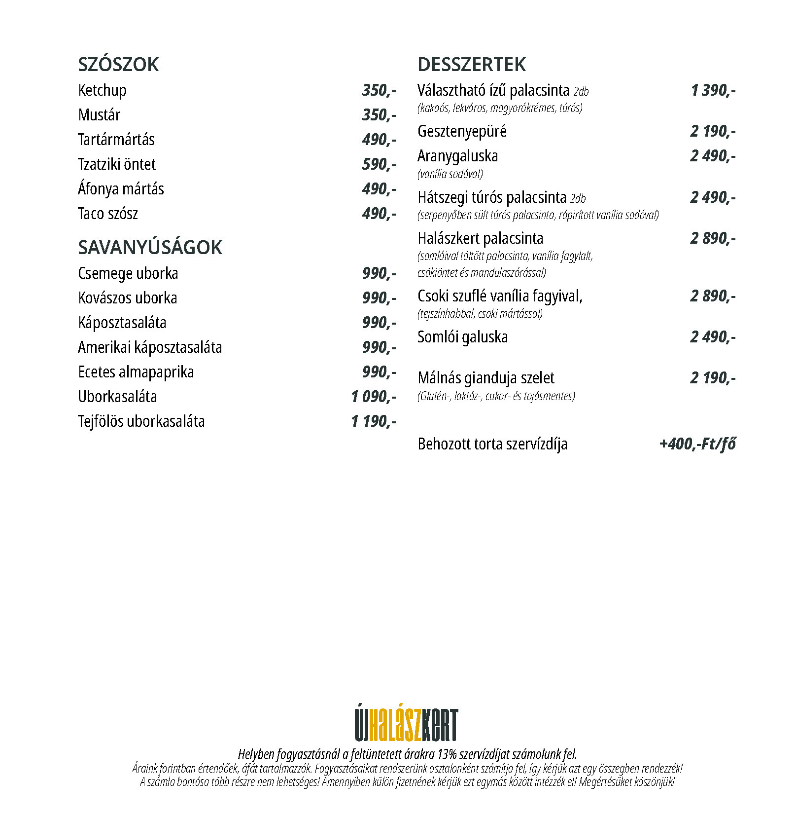 Új Halászkert Allure Garden Gyömrő étlap