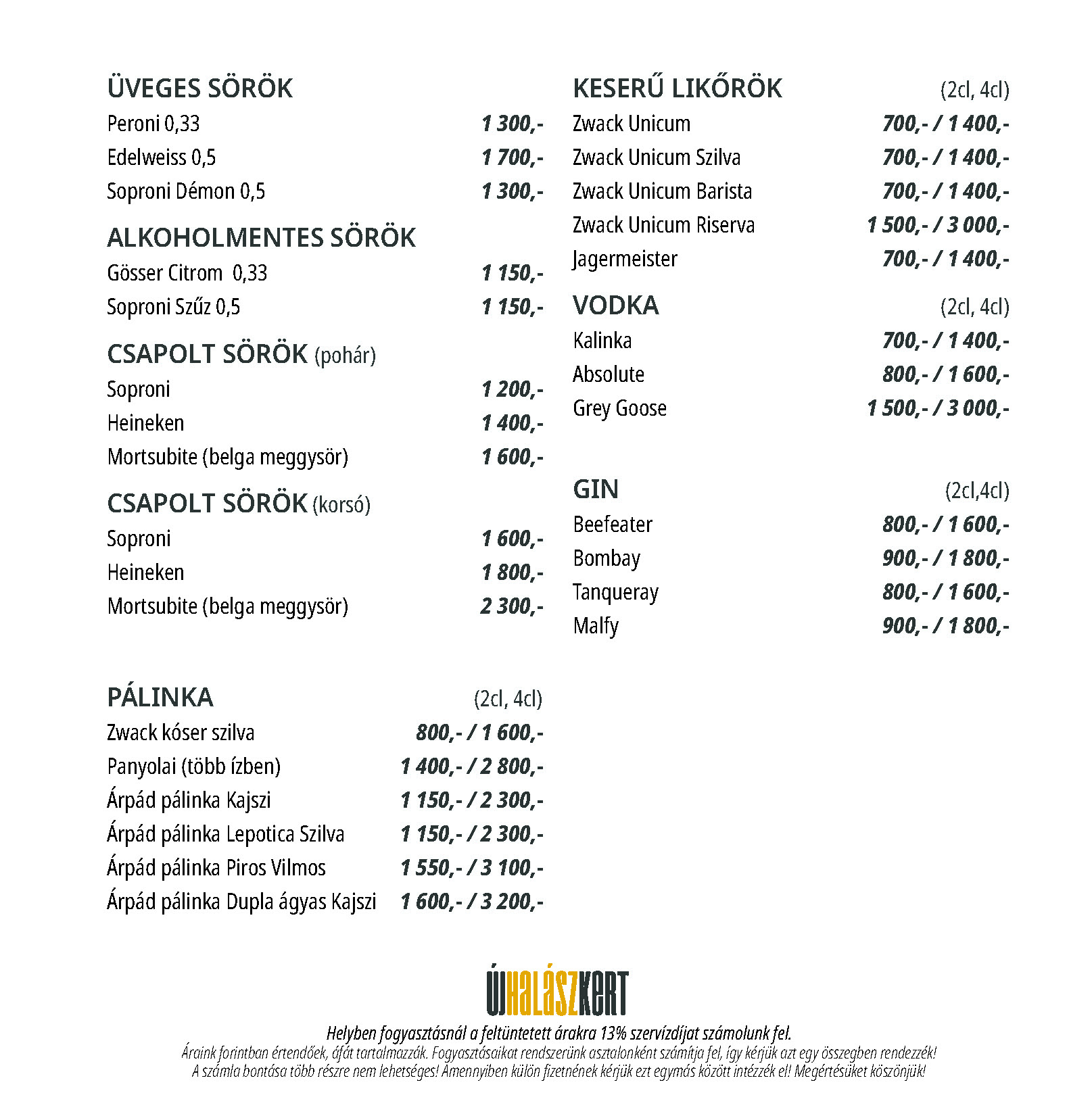 Új Halászkert Allure Garden Gyömrő étlap